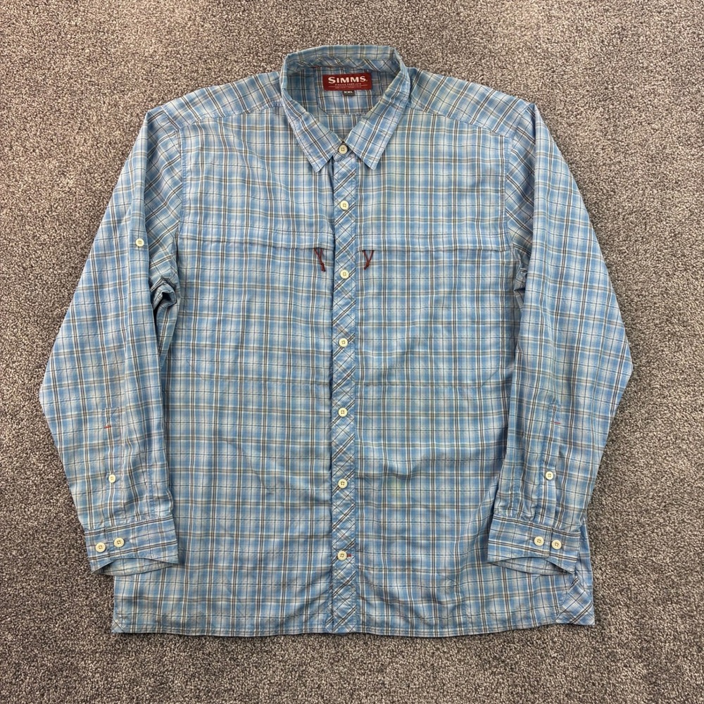 Simms Fishing Shirt Mens 2XL Blue Plaid Nylon Blend Ventilated Long Sleeve Fish